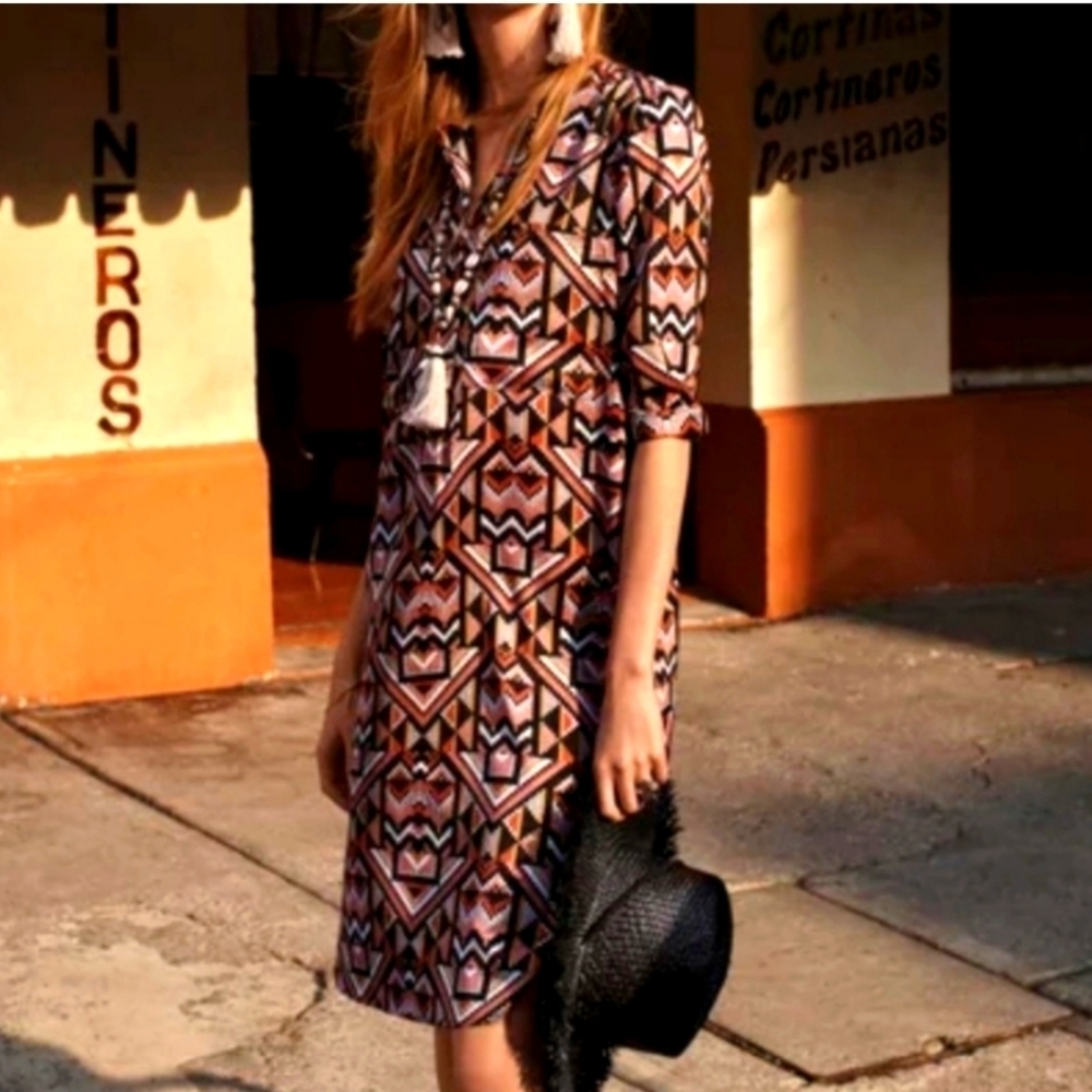 H&M Aztec Print Viscose Shirt Dress Size 4 EUC